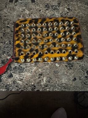 Christian Louboutin Leopard Print Studded Zip Wallet with Red Pull